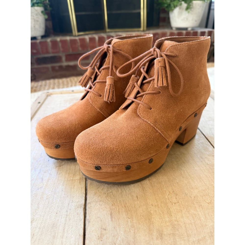 Dr. Scholls Original Chic Suede Wood Platform Ankle Boots Tassel 6.5M Honey NWOB
